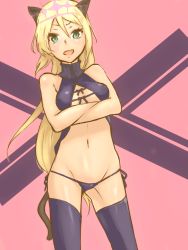 Rule 34 | 1girl, animal ears, bad id, bad pixiv id, black bow, black panties, black thighhighs, blonde hair, blush, bow, breast hold, breasts, cat ears, cat tail, covered erect nipples, cowboy shot, crossed arms, dasaiosamu, fang, green eyes, groin, heinrike prinzessin zu sayn-wittgenstein, hirschgeweih antennas, long hair, looking at viewer, navel, noble witches, panties, pink background, side-tie panties, small breasts, smile, solo, sora haku sanae, strike witches, tail, thighhighs, underwear, very long hair, world witches series