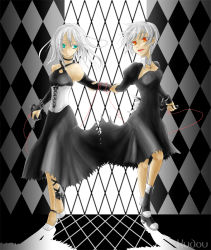 Rule 34 | 2girls, artist name, blue eyes, chain, closed mouth, copyright request, dress, holding hands, kudou (wil0830s), long hair, medium hair, multicolored clothes, multicolored dress, multiple girls, open mouth, orange eyes, shadow, string, string of fate, text focus, white hair