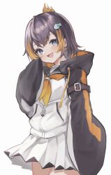 Rule 34 | 1girl, :d, black hair, blue eyes, blush, fish hair ornament, hair ornament, highres, hood, hoodie, long sleeves, looking at viewer, multicolored hair, neckerchief, nijisanji, nijisanji en, open clothes, open hoodie, open mouth, orange hair, petra gurin, petra gurin (1st costume), sailor collar, short hair, simple background, sleeves past fingers, sleeves past wrists, smile, smug, solo, two-tone hair, upper body, virtual youtuber, wata midori, white background