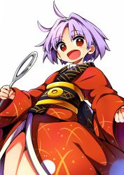 Rule 34 | 1girl, absurdres, baba (baba seimaijo), brown eyes, commentary request, highres, japanese clothes, kimono, long sleeves, looking at viewer, needle, obi, open mouth, purple hair, sash, short hair, solo, sukuna shinmyoumaru, touhou, white background, wide sleeves