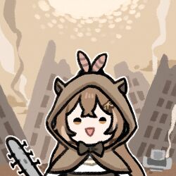 Rule 34 | 1girl, baseball bat, bow, brown eyes, brown hair, chibi, clipe, feather hair ornament, feathers, hair ornament, hairclip, hololive, hololive english, hood, hooded jacket, jacket, looking at viewer, lowres, nail, nail bat, nanashi mumei, nanashi mumei (1st costume), open mouth, post-apocalypse, printer, smile, smoke, solo, upper body, virtual youtuber, wasteland