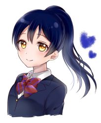 Rule 34 | 1girl, blazer, blue hair, blush, bow, bowtie, closed mouth, commentary request, hair between eyes, heart, highres, jacket, long hair, long sleeves, looking at viewer, love live!, love live! school idol project, otonokizaka school uniform, ponytail, portrait, red bow, red bowtie, school uniform, simple background, smile, solo, sonoda umi, striped bow, striped bowtie, striped clothes, striped neckwear, white background, yellow eyes