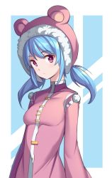 Rule 34 | 1girl, :/, animal ears, animal hood, blue hair, closed mouth, commentary, detached hood, fake animal ears, fur-trimmed hood, fur trim, hood, jacket, long hair, long sleeves, looking at viewer, low twintails, nixie (rabi ribi), official art, pink eyes, pink jacket, pom pom (clothes), rabi-ribi, saiste, simple background, solo, twintails