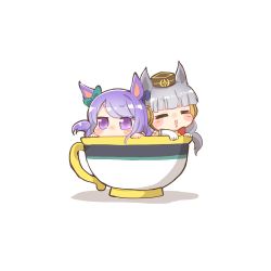 Rule 34 | 2girls, :&gt;, = =, animal ears, bow, brown headwear, closed eyes, cup, ear bow, ear covers, gold ship (umamusume), green bow, grey hair, hat, horse ears, in container, in cup, long hair, mejiro mcqueen (umamusume), mini hat, mini person, minigirl, multiple girls, parted lips, purple eyes, purple hair, rebecca (keinelove), shadow, short eyebrows, teacup, thick eyebrows, triangle mouth, umamusume, v-shaped eyebrows