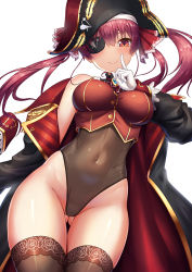 Rule 34 | 1girl, arrow through heart, black coat, black hat, blush, breasts, brown leotard, brown thighhighs, closed mouth, coat, covered navel, cropped vest, epaulettes, eyepatch, gloves, gluteal fold, groin, hat, highleg, highleg leotard, highres, hololive, houshou marine, index finger raised, large breasts, leotard, leotard under clothes, long hair, long sleeves, looking at viewer, one eye covered, open clothes, open coat, pirate hat, purple hair, red eyes, red vest, simple background, smile, solo, tako seijin, thighhighs, thighs, twintails, vest, virtual youtuber, white background, white gloves