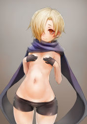 Rule 34 | 10s, 1girl, bike shorts, black gloves, blonde hair, blush, covering privates, covering breasts, ear piercing, flat chest, gloves, grey background, hair over one eye, half gloves, highres, idolmaster, idolmaster cinderella girls, looking at viewer, navel, piercing, red eyes, scarf, shirasaka koume, short hair, solo, taishi (picchiridou), topless, wide hips