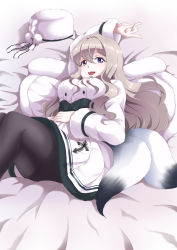 Rule 34 | 1girl, azur lane, black pantyhose, blonde hair, blue eyes, blush, breasts, coat, coat dress, dress, feet out of frame, hand on own stomach, heterochromia, highres, long hair, looking at viewer, lying, medium breasts, murmansk (azur lane), on bed, open mouth, pantyhose, purple eyes, shiruppo, smile, solo, tail, teeth, upper teeth only, white coat, white dress