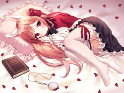 Rule 34 | 1girl, animal ears, bed sheet, black dress, blush, book, bow, brown hair, capelet, chitosezaka suzu, closed mouth, commentary request, dress, frilled dress, frilled pillow, frilled thighhighs, frills, full body, hair bow, hands up, long hair, long sleeves, lying, milestone celebration, no shoes, on side, original, petals, pillow, pocket watch, puffy long sleeves, puffy sleeves, rabbit ears, red bow, red capelet, red eyes, sleeves past wrists, smile, solo, thank you, thighhighs, very long hair, watch, white thighhighs