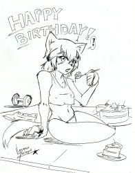Rule 34 | !, 10s, 1girl, animal ears, birthday cake, cake, claws, dog ears, dog tail, dumbbell, eating, food, furry, furry female, greyscale, hand wraps, happy birthday, headband, highres, kobold, monochrome, monster girl, monster musume no iru nichijou, navel, nayaase beleguii, open mouth, panties, polt, shadow, shorts, unworn shorts, signature, sitting, sketch, solo, speech bubble, spoken exclamation mark, spoon, tail, tank top, traditional media, underwear, underwear only