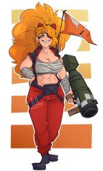 Rule 34 | abs, bandages, blue eyes, earrings, eyepatch, flag, highres, jewelry, muscular, muscular female, orange hair, pants, red pants, rocket launcher, smile, team fortress 2, weapon, zess (zesty jesus)