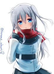 Rule 34 | 10s, 1girl, :o, artist name, black skirt, blue eyes, coat, dress, twirling hair, head tilt, hibiki (kancolle), kantai collection, long hair, long sleeves, looking at viewer, open mouth, parted lips, pleated skirt, red scarf, sailor dress, scarf, school uniform, serafuku, silver hair, simple background, skirt, solo, surume aburi, twitter username, verniy (kancolle), white background, white theme, winter clothes, winter coat