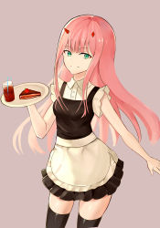Rule 34 | 10s, 1girl, alternate costume, april cho, apron, bad id, bad pixiv id, black skirt, black thighhighs, blouse, cake, cowboy shot, cup, darling in the franxx, dress shirt, drinking glass, drinking straw, enmaided, floating hair, food, glass, green eyes, grey background, highres, horns, long hair, looking at viewer, maid, miniskirt, pink hair, pleated skirt, shiny clothes, shirt, simple background, skirt, smile, solo, standing, thighhighs, very long hair, white apron, white shirt, zero two (darling in the franxx)