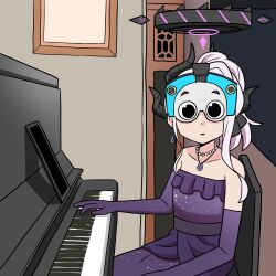 Rule 34 | 1girl, bare shoulders, blue archive, bow, cameo, collarbone, commentary request, dangle earrings, demon girl, demon horns, dress, earrings, elbow gloves, eye mask, gloves, grand piano, hair bow, hair ribbon, halo, highres, hina (blue archive), hina (dress) (blue archive), horns, instrument, jewelry, long hair, looking at viewer, music, necklace, official alternate costume, official alternate hairstyle, parted bangs, pearl necklace, pendant, piano, piano bench, playing instrument, playing piano, ponytail, purple dress, ribbon, sidelocks, sitting, solo, strapless, strapless dress, thomas the tank engine, thomas the tank engine (character), washin, white hair