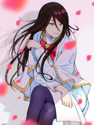 Rule 34 | 1girl, akira ferrari, andanden, aria (manga), blurry, blurry background, blurry foreground, bow, bowtie, brown hair, capelet, closed mouth, crossed legs, depth of field, dress, falling petals, feet out of frame, gold trim, gradient background, hair between eyes, hand up, highres, himeya company uniform, leaning forward, long hair, long sleeves, looking to the side, pantyhose, parted bangs, petals, pink background, purple pantyhose, red bow, red bowtie, shadow, signature, sitting, smile, solo, undine (aria), white background, white capelet, white dress, yellow eyes