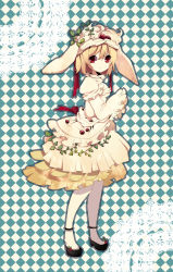 Rule 34 | 1girl, bad id, bad pixiv id, berry, blonde hair, dress, female focus, frills, full body, original, plant, red eyes, ribbon, satsushi, shoes, solo, standing, thighhighs