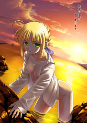 Rule 34 | 00s, 1girl, ahoge, artoria pendragon (all), artoria pendragon (fate), blonde hair, bottomless, breasts, fate/stay night, fate (series), green eyes, lens flare, naked shirt, namonashi, nipples, ocean, open clothes, open shirt, rock, saber (fate), shirt, solo, sunset, twilight, wading, water, wet, zanshomimai
