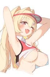 Rule 34 | 1girl, :d, areola slip, arms behind head, blonde hair, blush, breasts, clay (nikke), crop top, fang, goddess of victory: nikke, hair intakes, hair ornament, hairclip, highres, large breasts, long hair, one eye closed, open mouth, pink eyes, rasusurasu, red shirt, shirt, side ponytail, skin fang, smile, solo, sweat, twintails, two-tone shirt, underboob, visor cap, white shirt