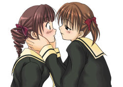 Rule 34 | 00s, 2girls, bad anatomy, bad proportions, blush, brown hair, drill hair, eye contact, face-to-face, flo (guilty hearts), fukuzawa yumi, hands on another&#039;s face, imminent kiss, looking at another, maria-sama ga miteru, matsudaira touko, multiple girls, naughty face, poorly drawn, profile, school uniform, serafuku, simple background, surprised, twintails, white background, yuri