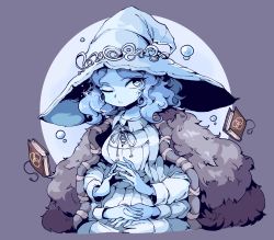 Rule 34 | 1girl, blue eyes, blue hair, blue skin, book, cloak, coat, colored skin, crack, cracked skin, dress, elden ring, extra arms, extra faces, fur cloak, fur coat, hat, ioh, jewelry, long hair, looking at viewer, moon, one eye closed, ranni the witch, ring, simple background, white dress