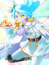 Rule 34 | 1boy, artist name, blue hair, cape, clear glass (mildmild1311), commentary request, cure waffle, eyelashes, food, gloves, hair ornament, happy, highres, julio (precure), kirakira precure a la mode, long hair, looking at viewer, magical boy, pikario (precure), precure, signature, smile, solo, standing, twitter username, waffle, white gloves