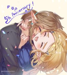Rule 34 | 1boy, 1girl, ^ ^, anniversary, black shirt, blonde hair, blue shirt, blush, braid, brown hair, casual, closed eyes, commentary, crown braid, dutch angle, earrings, fang, hair ornament, hairclip, happy, highres, hug, jewelry, light particles, link, medium hair, nintendo, open mouth, parted bangs, pointy ears, ponytail, princess zelda, shirt, short ponytail, shuri (84k), simple background, smile, the legend of zelda, the legend of zelda: breath of the wild, the legend of zelda: tears of the kingdom, thick eyebrows, twitter username, upper body, yellow background