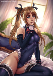 Rule 34 | 1girl, backlighting, bare shoulders, bedroom, black ribbon, blonde hair, blue eyes, blue leotard, blue one-piece swimsuit, blue thighhighs, breasts, cameltoe, covered erect nipples, covered navel, dead or alive, dead or alive 5, detached sleeves, frilled leotard, frilled thighhighs, frills, gloves, hair ornament, hair ribbon, highleg, highleg leotard, kachima, leotard, lips, long hair, looking at viewer, marie rose, ninja gaiden, nose, on bed, one-piece swimsuit, ribbon, sitting, skin tight, small breasts, solo, swimsuit, thighhighs, thighs, twintails, white gloves, x hair ornament