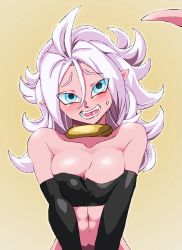 Rule 34 | 1girl, android 21, bare shoulders, breasts, cleavage, colored skin, commentary request, detached sleeves, dragon ball, dragon ball fighterz, graphite (medium), jewelry, large breasts, light persona, long hair, looking at viewer, majin android 21, millipen (medium), navel, onnaski, open mouth, pink skin, pointy ears, red eyes, simple background, smile, solo, stomach, strapless, sweatdrop, tail, teeth, traditional media, white hair