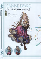 Rule 34 | 1girl, absurdres, basket, blue hair, boots, breasts, character name, collarbone, dress, flower, frills, full body, granblue fantasy, hair flower, hair ornament, highres, holding, jeanne d&#039;arc (granblue fantasy), long hair, long sleeves, looking at viewer, medium breasts, minaba hideo, multiple views, official art, scan, simple background, skirt, smile, standing