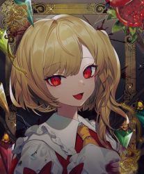 Rule 34 | absurdres, ascot, blonde hair, blood, blood on clothes, blouse, bow, collared shirt, commentary request, crystal, daimaou ruaeru, flandre scarlet, floral print, food, fruit, hat, unworn hat, unworn headwear, highres, holding head, looking at viewer, one side up, open mouth, picture frame, pomegranate, red bow, red eyes, red vest, rose print, shirt, short hair with long locks, smile, solo, touhou, upper body, vest, white shirt, wings, yellow ascot