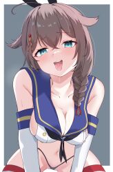 Rule 34 | 1girl, absurdres, animal ears, bare shoulders, black neckerchief, blue eyes, border, braid, breasts, brown hair, calin, cleavage, cosplay, elbow gloves, fake animal ears, gloves, hair between eyes, hair ornament, high-waist panties, highres, kantai collection, long hair, medium breasts, neckerchief, open mouth, rabbit ears, sailor collar, saliva, shigure (kancolle), shimakaze (kancolle), shimakaze (kancolle) (cosplay), sideboob, solo, striped clothes, striped thighhighs, thighhighs, tongue, tongue out, white border