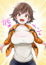 Rule 34 | absurdres, arms behind back, black shorts, breasts, brown hair, commentary request, emphasis lines, highres, hogey nk-2000, honda mio, idolmaster, idolmaster cinderella girls, jacket, large breasts, looking at viewer, open mouth, orange hair, shirt, short hair, shorts, simple background, solo, striped clothes, striped jacket, striped shirt, tareme, teeth, translation request, unzipped, upper teeth only, white shirt, yellow background