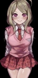 Rule 34 | 1girl, ahoge, akamatsu kaede, blonde hair, blush, commentary, danganronpa (series), danganronpa v3: killing harmony, fortissimo, hair ornament, highres, looking at viewer, musical note, musical note hair ornament, musical note print, necktie, parted lips, pink eyes, pink skirt, pink sweater vest, pleated skirt, red tie, skirt, smile, sweater vest, symbol-only commentary, yuma (yumachansan)