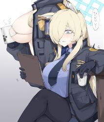 Rule 34 | 1girl, animal ear fluff, animal ears, black gloves, black pantyhose, blonde hair, blue archive, blue eyes, blue halo, blue necktie, blue shirt, blush, bra, breasts, clipboard, collared shirt, crossed legs, cup, disposable cup, dog ears, dress shirt, gloves, gradient background, gurenola, hair over one eye, halo, hands up, highres, holding, holding clipboard, holding cup, jacket, kanna (blue archive), large breasts, long bangs, long hair, long sleeves, looking at object, micro bra, mug, multiple views, necktie, open clothes, open jacket, pantyhose, parted bangs, pencil skirt, sharp teeth, shirt, sitting, skirt, sweat, teeth, tie clip, underwear, white bra