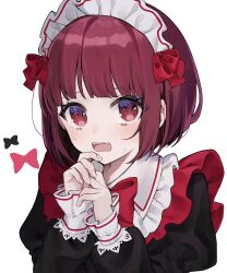 Rule 34 | 1girl, arima kana, black dress, blunt bangs, bob cut, bow, bowtie, collared dress, commentary, dress, embarrassed, fangs, fingernails, hands up, highres, juliet sleeves, light blush, long sleeves, looking at viewer, maid headdress, making-of available, no pupils, open mouth, oshi no ko, puffy sleeves, red bow, red bowtie, red eyes, red hair, red ribbon, ribbon, short hair, simple background, solo, sweatdrop, symbol-only commentary, teeth, upper body, upper teeth only, wavy mouth, white background, yuuki hajime