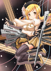 Rule 34 | 10s, 1girl, beret, blonde hair, boots, breasts, breasts squeezed together, brown thighhighs, corset, detached sleeves, drill hair, fingerless gloves, gloves, gun, hair ornament, hairpin, hat, magical girl, magical musket, mahou shoujo madoka magica, mahou shoujo madoka magica (anime), miyuki rei, pleated skirt, puffy sleeves, ribbon, rifle, shirt, skindentation, skirt, smile, solo, striped clothes, striped thighhighs, taut clothes, taut shirt, thighhighs, tomoe mami, twin drills, twintails, vertical-striped clothes, vertical-striped thighhighs, weapon, yellow eyes, zettai ryouiki
