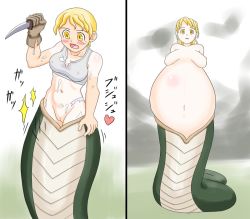 Rule 34 | 1girl, blonde hair, blush, bottomless, breasts, breasts apart, cleft of venus, comic, dissolving clothes, female focus, hakosaku, impregnation, knife, lamia, large breasts, monster, monster girl, multiple views, nature, nipples, nude, open mouth, outdoors, plant, pregnant, pussy, scared, sky, snake, tail, tan, tanline, transformation, uncensored, weapon, yellow eyes