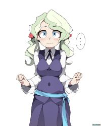 Rule 34 | ..., 1girl, bad id, bad pixiv id, blue eyes, blush, breasts, closed mouth, collar, diana cavendish, dress, hair ornament, hands up, highres, little witch academia, long hair, long sleeves, looking at viewer, medium breasts, navel, once 11h, purple dress, purple ribbon, ribbon, shirt, simple background, solo, speech bubble, standing, twintails, upper body, white background, white hair, white shirt