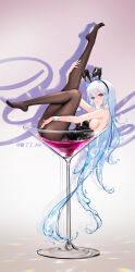 Rule 34 | 1girl, animal ears, artist name, bare shoulders, black hairband, black leotard, black pantyhose, blue hair, blue nails, breasts, cocktail glass, cup, drinking glass, fake animal ears, full body, hair between eyes, hairband, highres, leg up, leotard, liquid hair, liu liaoliao, long hair, looking at viewer, multicolored hair, no shoes, original, pantyhose, parted lips, playboy bunny, rabbit ears, red eyes, sideboob, white hair, white wrist cuffs, wrist cuffs, yile (liu liaoliao)