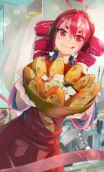 Rule 34 | 1girl, :d, ahoge, apron, baguette, bare shoulders, blue shirt, bowl, bread, cabinet, chopsticks, commentary, cowboy shot, drill hair, food, food focus, food print, headphones, headset, highres, holding, holding bowl, incoming food, indoors, kasane teto, kitchen, knife, lens flare, light blush, looking at viewer, medium hair, miso soup, mixing bowl, open mouth, photo (object), red apron, red eyes, red hair, rename0180908, shirt, smile, solo, soup, spring onion, standing, thick eyebrows, tofu, tongue, tongue out, twin drills, utane uta, utau
