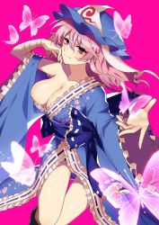 Rule 34 | 1girl, blue headwear, blue kimono, breasts, bug, butterfly, cleavage, closed mouth, commentary request, floating hair, hair between eyes, highres, insect, japanese clothes, kamenozoki momomo, kimono, large breasts, light smile, long hair, looking at viewer, no bra, pink background, pink eyes, pink hair, saigyouji yuyuko, shoes, solo, touhou, triangular headpiece, wide sleeves