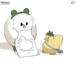 Rule 34 | bird, blue bag, bottle cap, commentary, diva (hyxpk), drawing, duck, duckling, english commentary, frog headband, highres, no humans, numbered, original, owl, page number, paper, simple background, white background