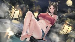 Rule 34 | 1girl, absurdres, animal ear fluff, animal ears, black hair, breasts, crop top, dutch angle, feet, fox ears, highres, korean commentary, lamp, large breasts, lillly, long hair, looking at viewer, onsen, original, parted bangs, parted lips, red shirt, shirt, short shorts, shorts, sitting, sleeveless, sleeveless shirt, soaking feet, solo, steam, toes, underboob
