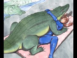Rule 34 | 1boy, 1girl, 2others, acrylic paint (medium), alligator, bad id, bad pixiv id, bestiality, blue jumpsuit, blush, bodysuit, brown hair, caracol, clenched teeth, closed eyes, comic, crocodile, crocodilian, hair over one eye, hetero, hug, jumpsuit, long hair, mattress, missionary, multiple others, original, painting (medium), ponytail, reptile, sex, size difference, spread legs, sweat, tagme, teeth, traditional media