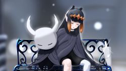 Rule 34 | 1girl, absurdres, bench, cape, cloak, closed eyes, highres, hollow eyes, hollow knight, hololive, hololive english, horns, knight (hollow knight), long hair, mask, ninomae ina&#039;nis, pointy ears, purple hair, sitting, sleeping, sseldne, sword, tentacle hair, tentacles, virtual youtuber, weapon