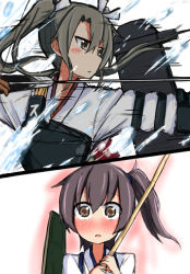 Rule 34 | 10s, 2girls, arrow (projectile), atsushi (aaa-bbb), blush, bow (weapon), brown eyes, brown hair, drawing bow, hair ornament, hair ribbon, highres, holding, holding bow (weapon), holding weapon, kaga (kancolle), kantai collection, multiple girls, muneate, parted lips, profile, ribbon, side ponytail, twintails, upper body, weapon, zuikaku (kancolle)