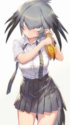 Rule 34 | 1girl, adjusting hair, bird tail, bird wings, blush, breast pocket, breasts, closed mouth, collared shirt, green eyes, grey hair, grey skirt, guchico, hair between eyes, hair intakes, head wings, kemono friends, large breasts, looking at viewer, low ponytail, medium breasts, multicolored hair, necktie, pleated skirt, pocket, ponytail, shirt, shoebill (kemono friends), short sleeves, side ponytail, signature, simple background, skirt, solo, standing, staring, tail, white shirt, wings