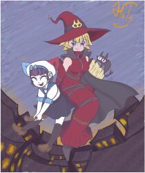 Rule 34 | 2girls, black cat, broom, broom riding, cat, digimon, digimon (creature), halloween, hat, highres, multiple girls, original, witch, witch hat, witchmon