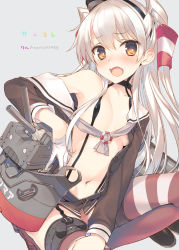 Rule 34 | 1girl, amatsukaze (kancolle), anniversary, bare shoulders, blush, brown eyes, covered erect nipples, dress, fang, flat chest, garter straps, gloves, hair tubes, kantai collection, long hair, looking at viewer, navel, open mouth, red thighhighs, rensouhou-kun, sailor dress, short dress, silver hair, single glove, solo, striped clothes, striped thighhighs, tatami to hinoki, thighhighs, two side up, unbuttoned, white gloves