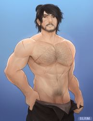 Rule 34 | 1boy, abs, absurdres, arm hair, artist name, bara, beard, black hair, black pants, chest hair, collarbone, commentary, commission, english commentary, facial hair, gradient background, grey male underwear, grin, highres, kalruna, looking at viewer, male focus, male pubic hair, male underwear, male underwear pull, muscular, muscular male, navel, navel hair, nipples, nose, open pants, original, pants, parted bangs, pectorals, penis, penis peek, ponytail, pubic hair, pulled by self, scar, scar on arm, scar on chest, scar on face, simple background, smile, solo, standing, topless male, uncensored, underwear, undressing, veins, veiny penis