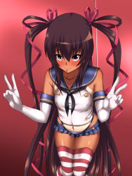 Rule 34 | 1girl, bad id, bad pixiv id, black panties, blue sailor collar, blush, brown hair, commentary request, cosplay, crossover, double v, elbow gloves, gloves, hair ribbon, highleg, highleg panties, highres, kantai collection, legs together, long hair, microskirt, mizuki yukikaze, nanashi maru, one-piece tan, panties, red eyes, revision, ribbon, sailor collar, shimakaze (kancolle), shimakaze (kancolle) (cosplay), skirt, solo, standing, striped clothes, striped thighhighs, taimanin (series), taimanin yukikaze, tan, tanline, thighhighs, underwear, v, very long hair, white gloves
